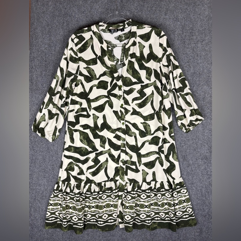 Elle Gonzelle Green Abstract Print Button Front Tunic Dress Boho Rayon XL